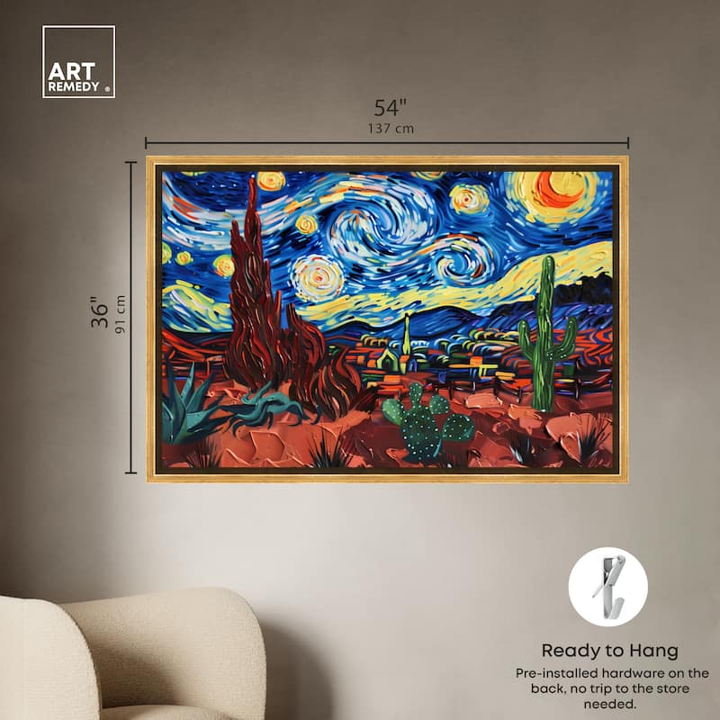 Art Remedy Desert Night Stars Framed Impressionism 1 Piece Canvas Wall Art /Monet And Van Gogh Inspired Art