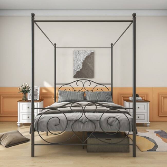 Metal Canopy Bed Frame with Vintage Style Headboard & Footboard Sturdy Steel ,Easy DIY Assembly All Parts Included, Full Black