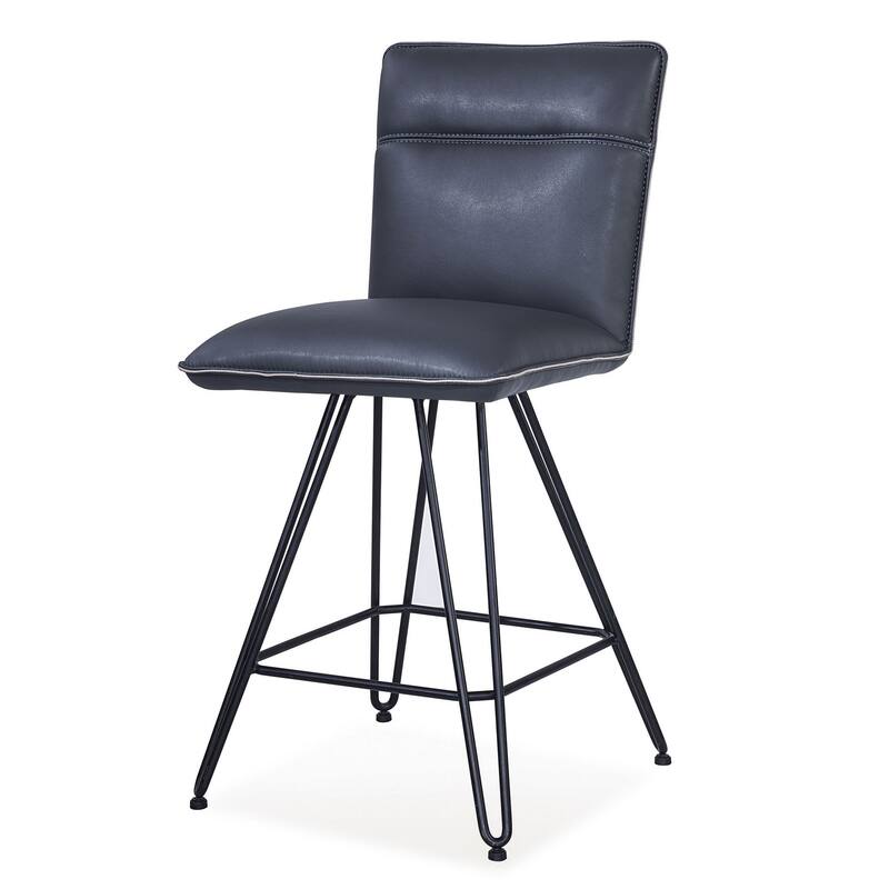 Metal Leather Upholstered Counter Height Stool with Hairpin Style Legs Set of 2, Blue and Black