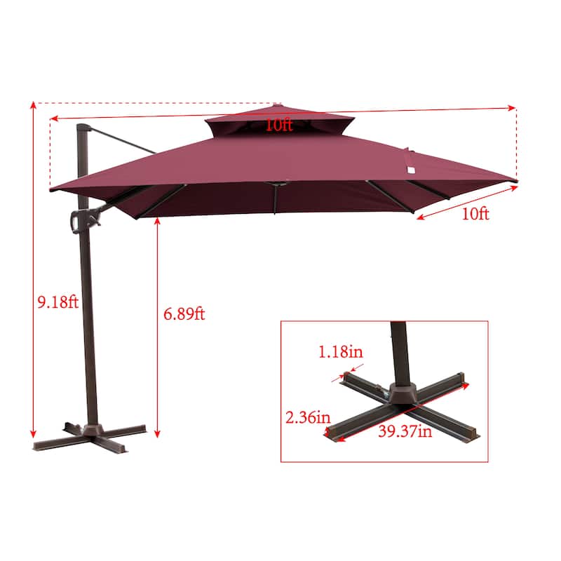 Deluxe 10' x 10' Outdoor Square Double Top Cantilever Umbrella, Base Not Included