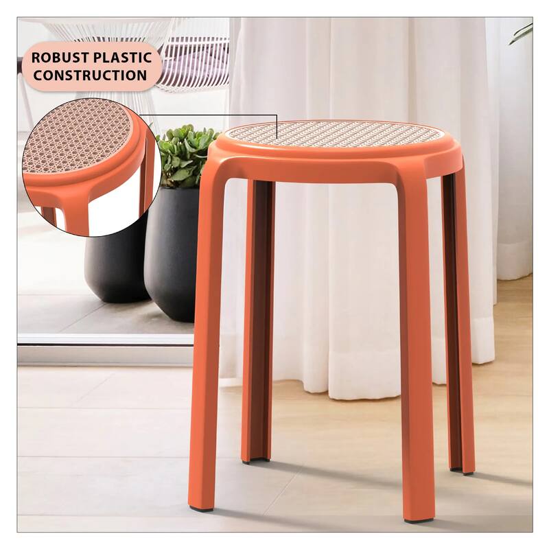 Tresse All-Weather Round Stackable Dining Stool with Wicker-Style Seat for Indoor, Outdoor, Patio, and Kitchen Set of 2
