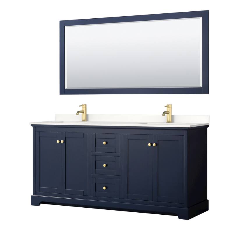 Avery 72-inch Double Vanity, Quartz Top, 70-inch Mirror - Dark Blue, Gold Trim, White Quartz Top