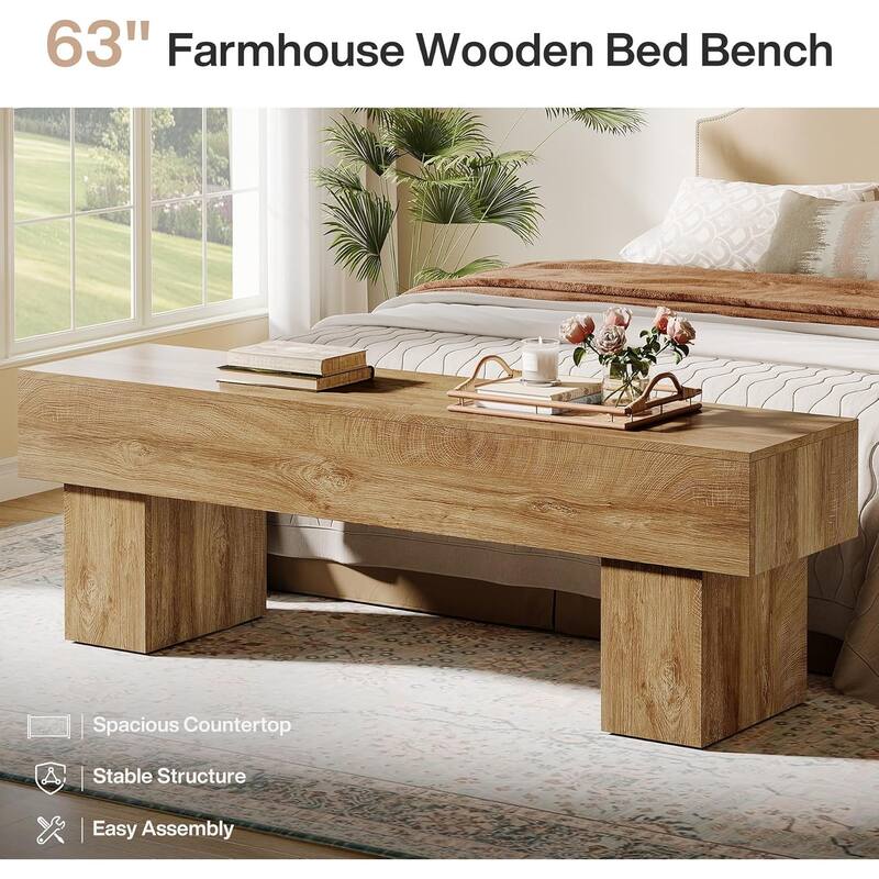 63“ Extra Long Dining Bench, Farmhouse Wooden Entryway Bench for Bedroom, Hallway, Light Brown