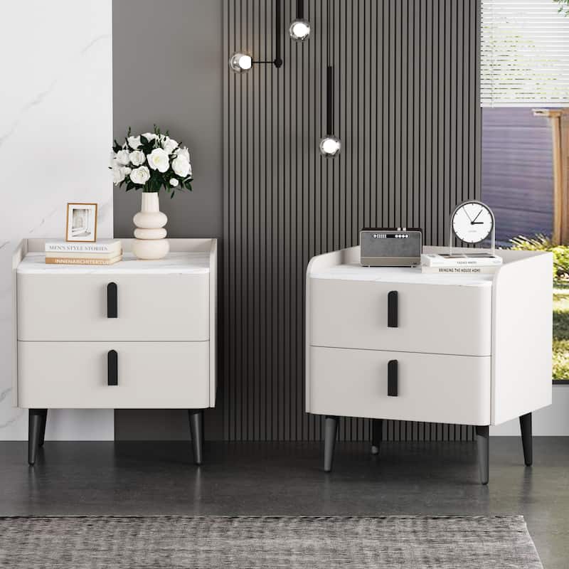 Nightstands Set of 2, Night Stand with 2 Drawers and Marble-Pattern Tabletop, Modern Beside Table for Bedroom