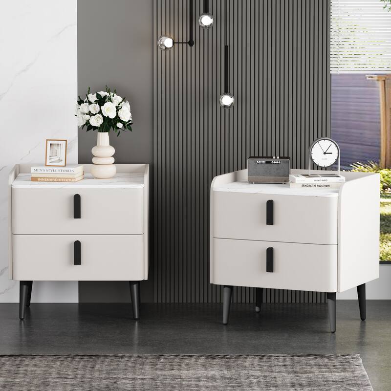 Nightstands Set of 2: 2-Drawer Marble-Pattern Top Modern Bedside/End Table - White