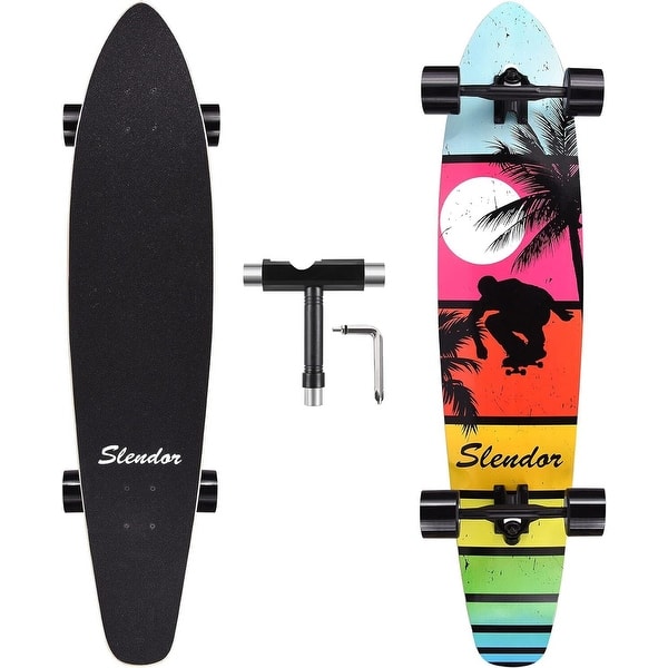 slide 2 of 9, 42 in. Colorful Landscape Longboard Skateboard Drop Through Deck Complete Maple Cruiser Freestyle, Camber Concave Blue