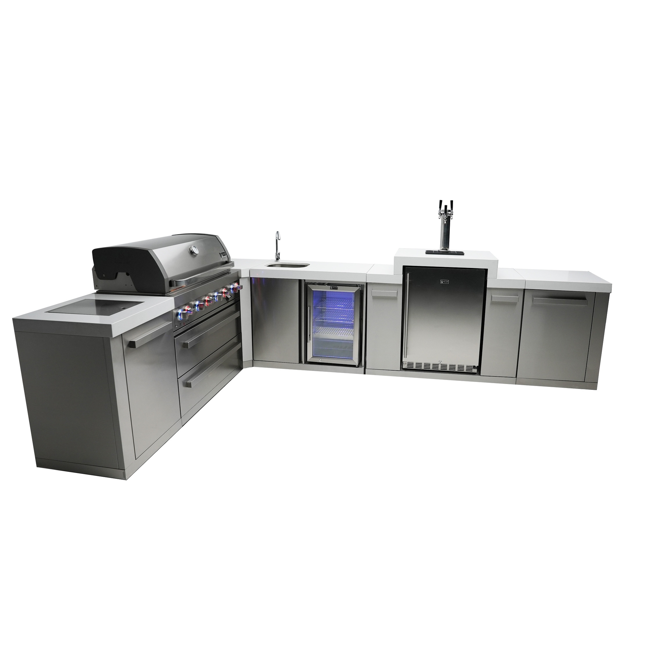 Mont Alpi MAi805-90KEG L-Shaped 90° Corner Stainless Steel Outdoor Kitchen Island Gas Grill with 3-Tap Kegerator + Side Burner