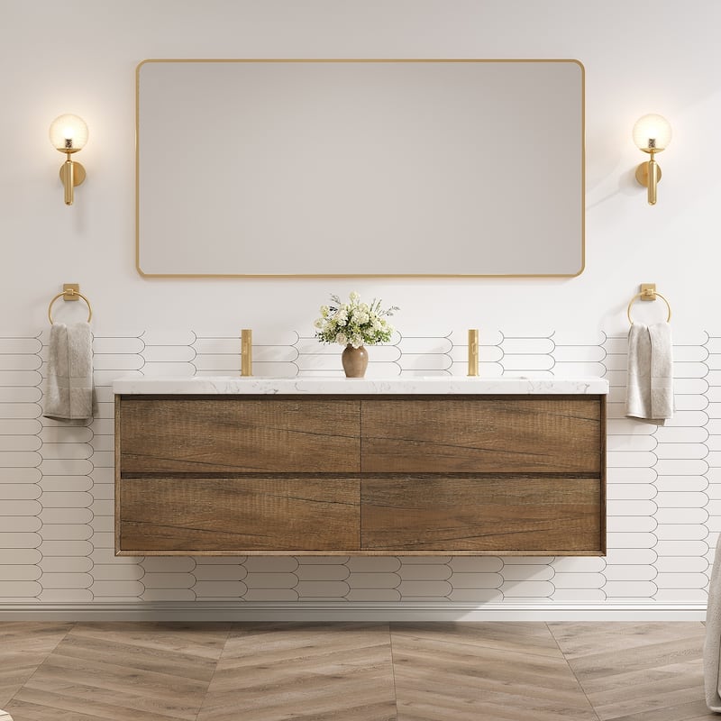 24"30"36"48"60"72" Floating Bathroom Vanity Engineered Stone Top with Rectangular Ceramic Undermount Sink