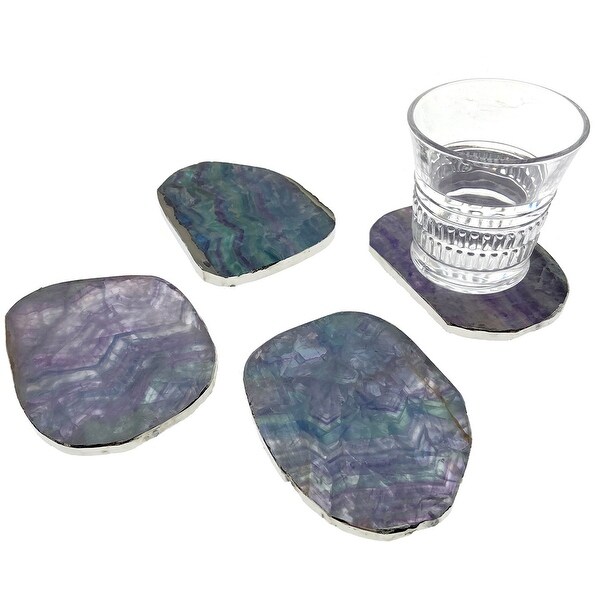 SET OF 4 FLUORITE GOLD/SILVER EDGE COASTERS NATURAL SLICED STONE DRINK CUP 