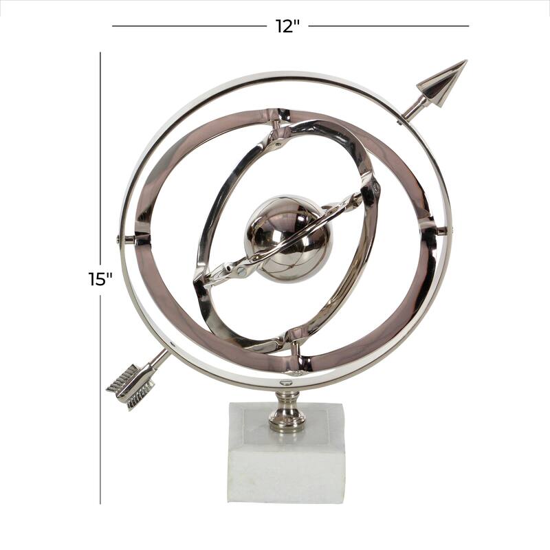Silver Aluminum Metal Armillary Globe with Marble Base