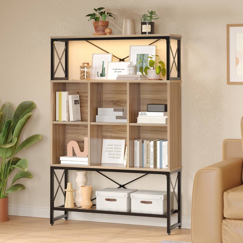 5-Shelf Bookcase with LED 6 Cubes Bookshelf with Adjustable shelves - 63 x 43 inches - Pinewood