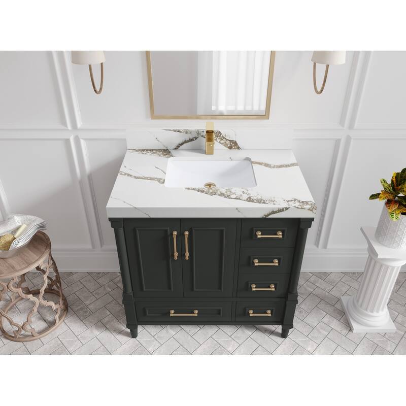 Willow Collections 36 in. W x 22 in. D Aberdeen Center Sink Left Bathroom Vanity with Countertop - 2" Calacatta Gold - Black Top