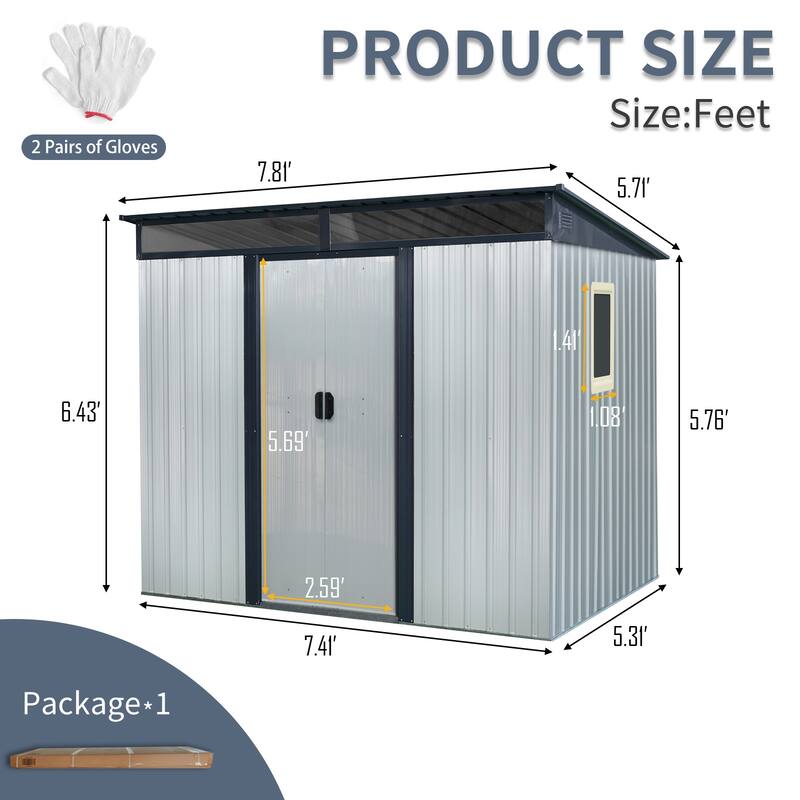 8 ft x 6 ft Outdoor Metal Storage Shed with Window and Transparent plate for Garden, Lawn