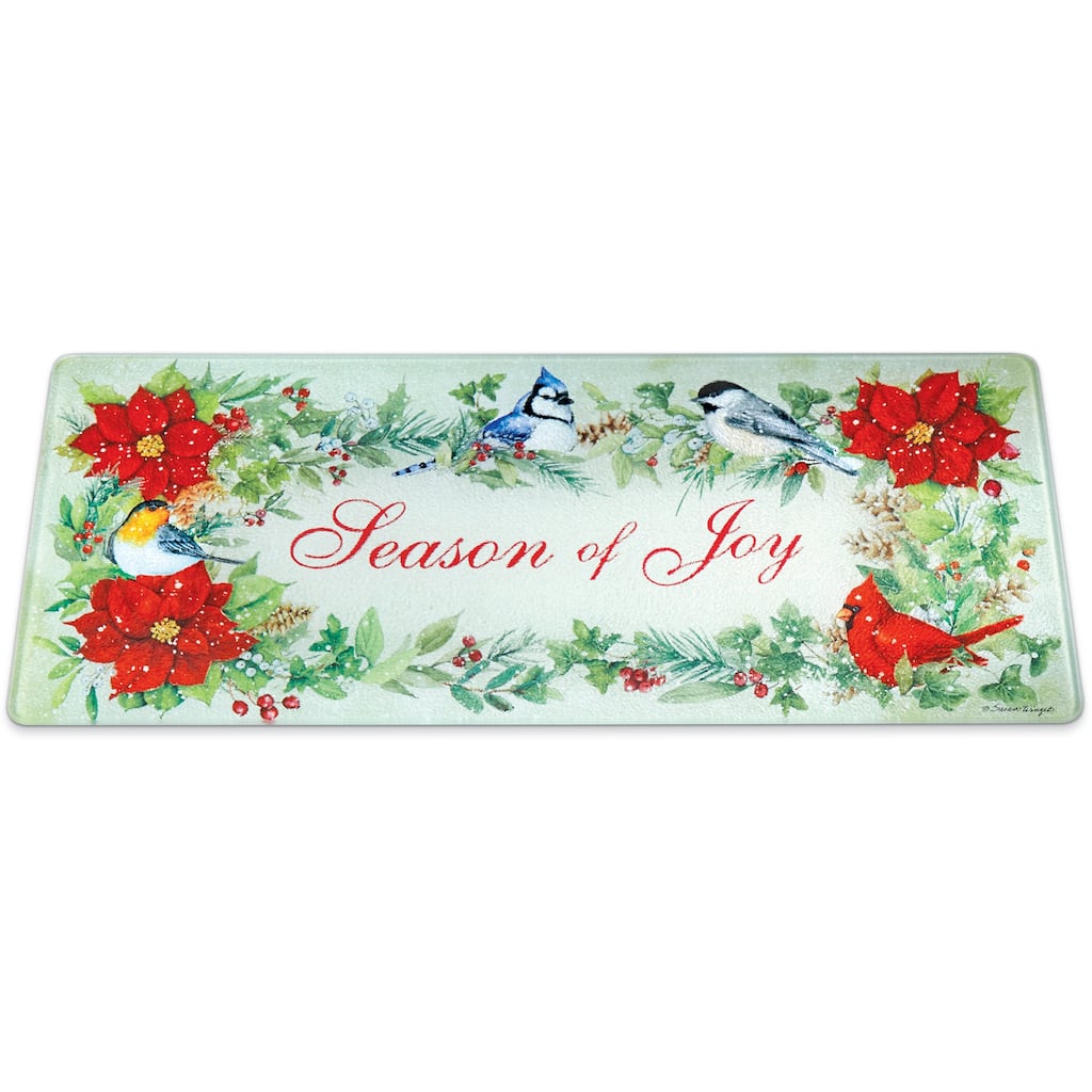 Season of Joy Poinsettia Birds Glass Cutting Board - 20 x 8.5 x 0.25