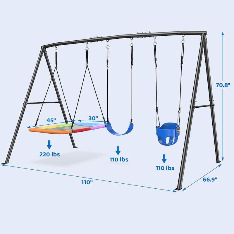 440lbs Kids Swing Sets for Backyard with 3 Swings, Outdoor Metal Swingset - N/A