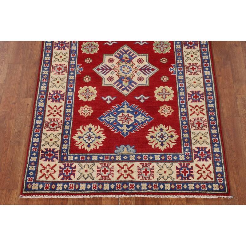 Red Geometric Kazak Oriental Foyer Rug Handmade Wool Carpet - 3'5" x 5'1"