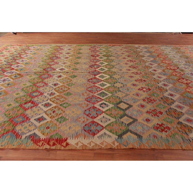 Geometric Kilim Oriental Large Rug Multi-Color Flatweave Wool Carpet - 10'3"x 15'10"