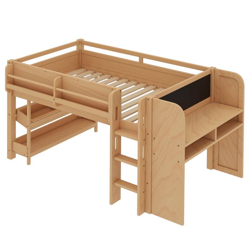 Full/Twin Size Loft Bed with Built-in Desk, Multi-Storage Bookcases & Blackboard, Solid Wood Low Loft Bed Frame