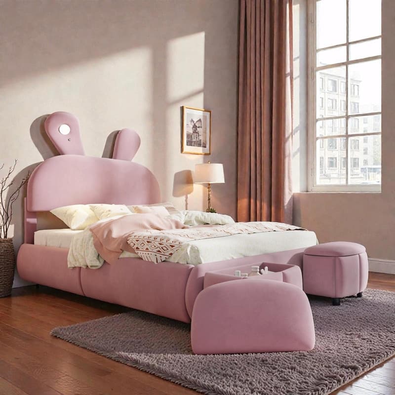 Full Size Upholstered Platform Bed with Cartoon Ears Headboard & Built-In Light
