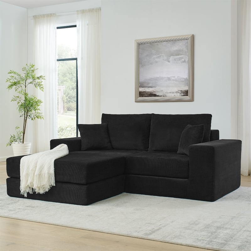 Modular Upholstered Convertible Sectional Sofa with Ottoman & Throw Pillows - Black