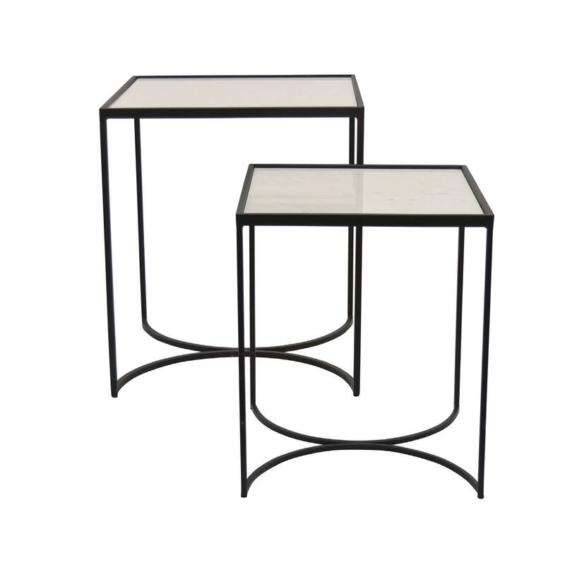 24 Inch Plant Stands Set of 2, White Marble Top, Minimalist Black Frame
