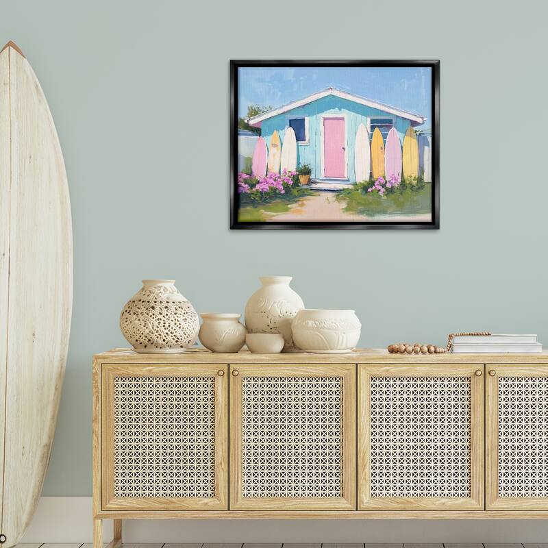 Stupell Cabin with Pastel Surfboards Framed Floater Canvas Wall Art Design By Arlington Prints