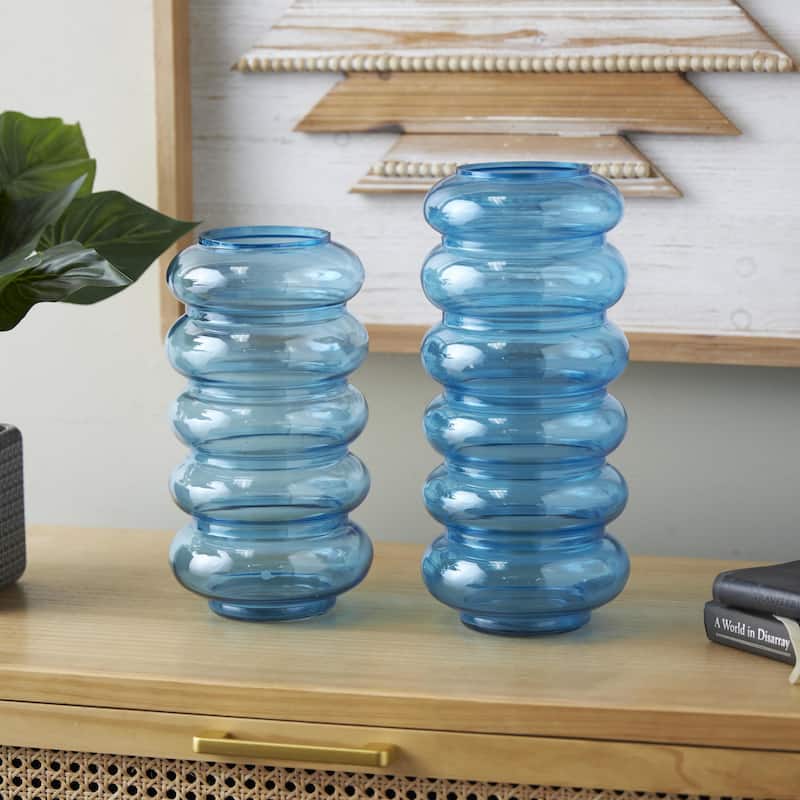 Glass Bubble Vase - Set of 2 Blue - Roche River Decor - 6"W x 6"L x 13"H