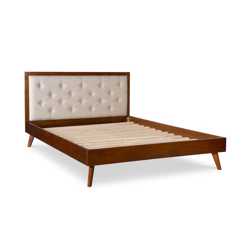 Upholstered Mid-century Modern Platform Bed with Upholstered Headboard - Walnut/Cream - Queen
