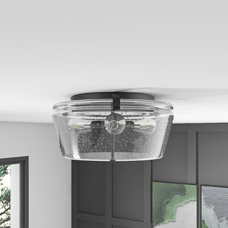 Farmhouse Close to Ceiling Light Fixture with Seeded Glass for Bedroom, Hallway, Foyer - Black