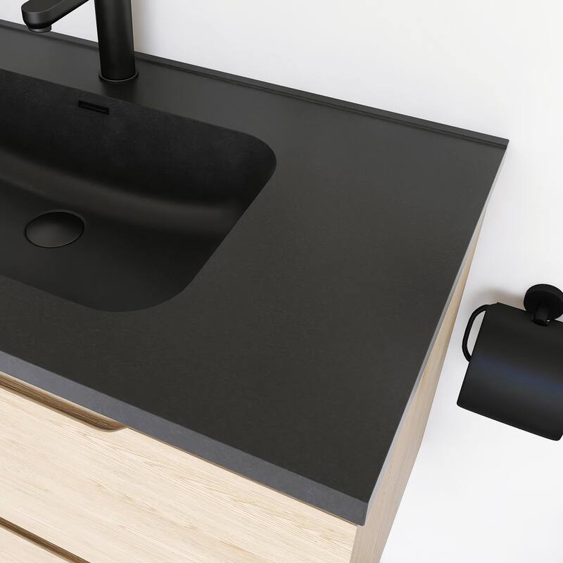 Floating Bathroom Vanity in Evita Oak with Integrated Quartz Sand Top