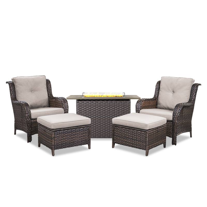 Fire Pit Table with Patio Chairs Ottomans Brown-Beige - Brown