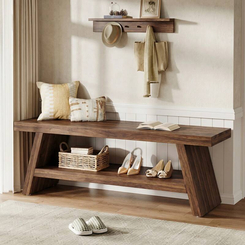 2-Tier Solid Wood Entryway Bench - Dark Brown