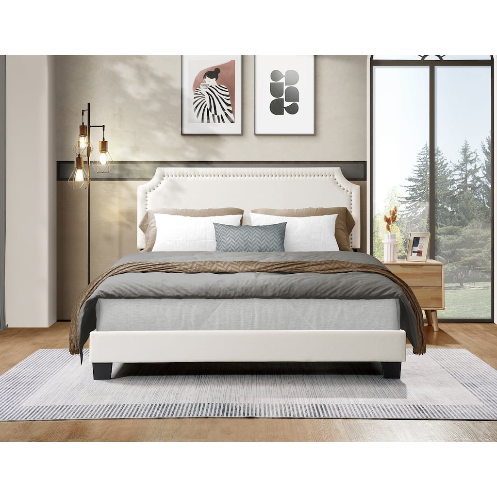 Upholstered Platform Bed Frame with Nailhead Trim/Adjustable Headboard/Solid Wooden Slats Support/No Box Spring Needed - Beige