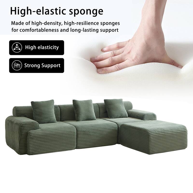L-Shaped Modular Sectional Sofa with Ottoman, Corduroy Upholstered Boneless Couch, Deep Seat Sofa with Throw Pillows