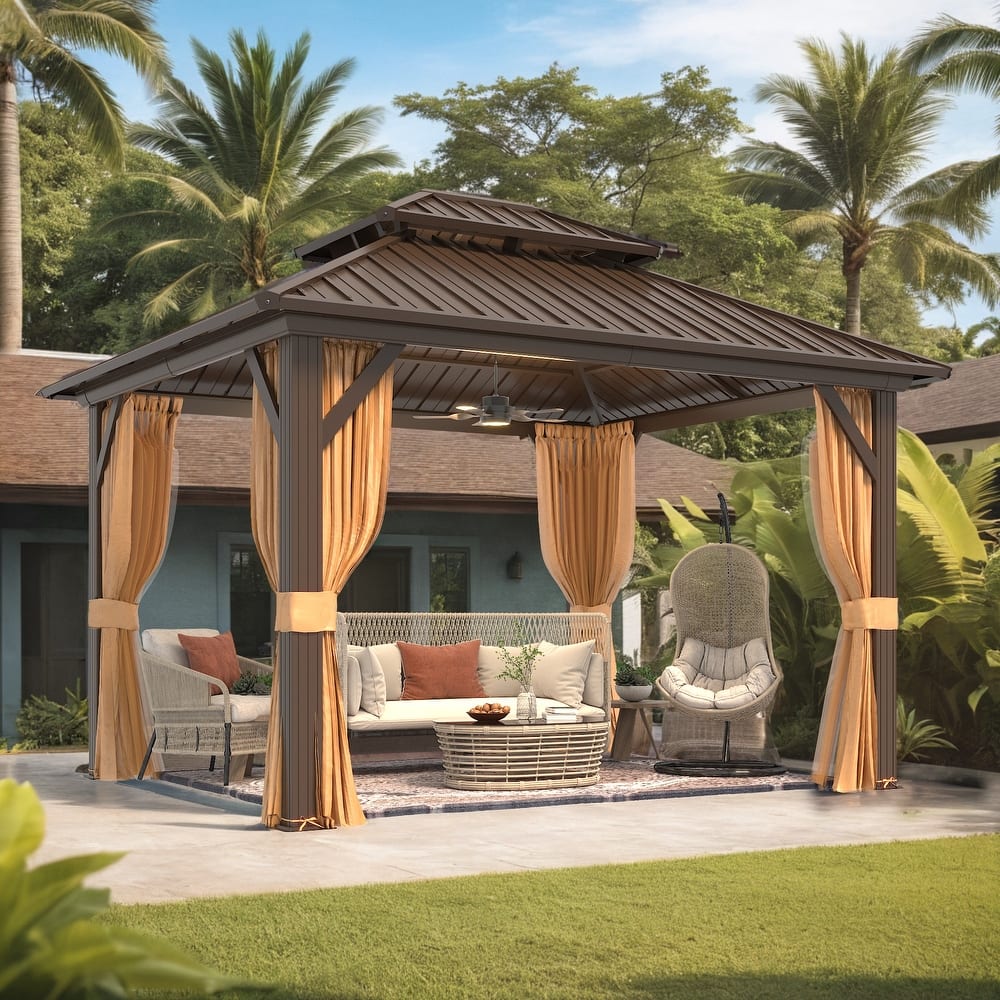 Hardtop Gazebo, Aluminum Frame Permanent Pavilion with Curtains and Netting, Outdoor Double Roof for Patios