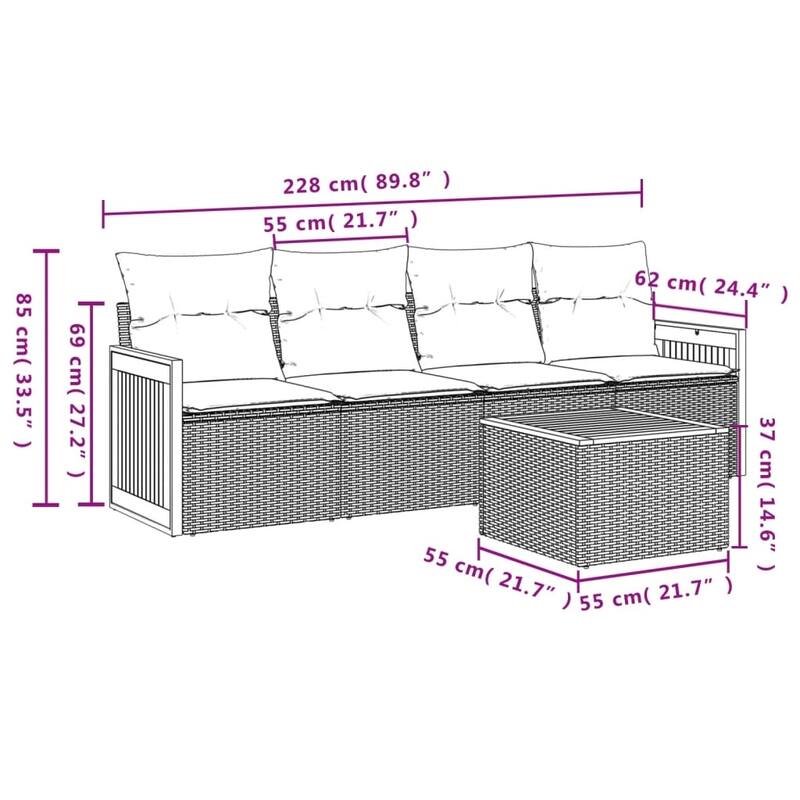 vidaXL 5 Piece Patio Sofa Set with Cushions Gray Poly Rattan - 68.1x27.2x48.8