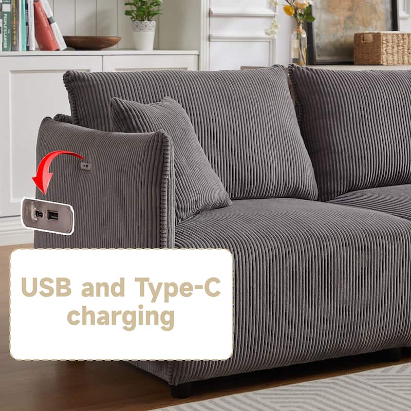 106" Corduroy 3-Seater Sofa with USB Ports & Adjustable Cushions