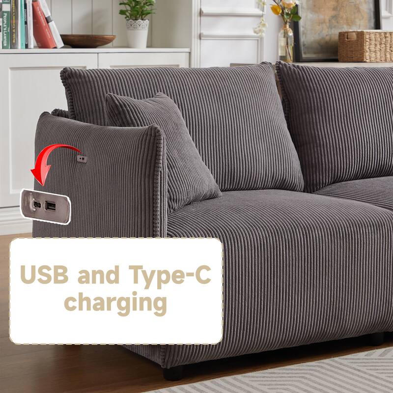 106.3" Corduroy Modular Sectional Sofas with USB-C Charging and 4 Comfort Cushions (Set of 2)
