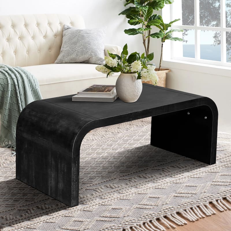 Roomfitters 48" Coffee Table, Curved Art Deco Center Table, Farmhouse Wood Cocktail Table, Antique Black