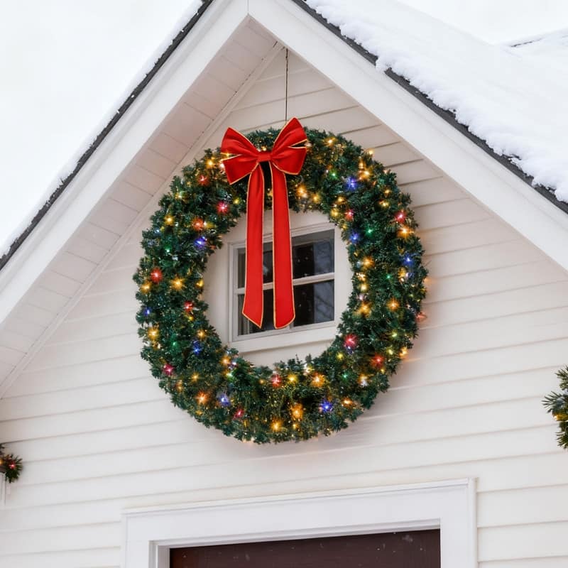 Pre-lit Christmas Wreath, Lighted Artificial Xmas Wreath with Warm & Multi-color Lights, Remote Control, for Xmas Decorations