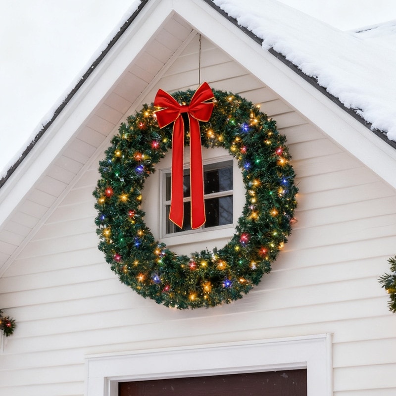 Pre-lit Christmas Wreath, Lighted Artificial Xmas Wreath with Warm & Multi-color Lights, Remote Control, for Xmas Decorations