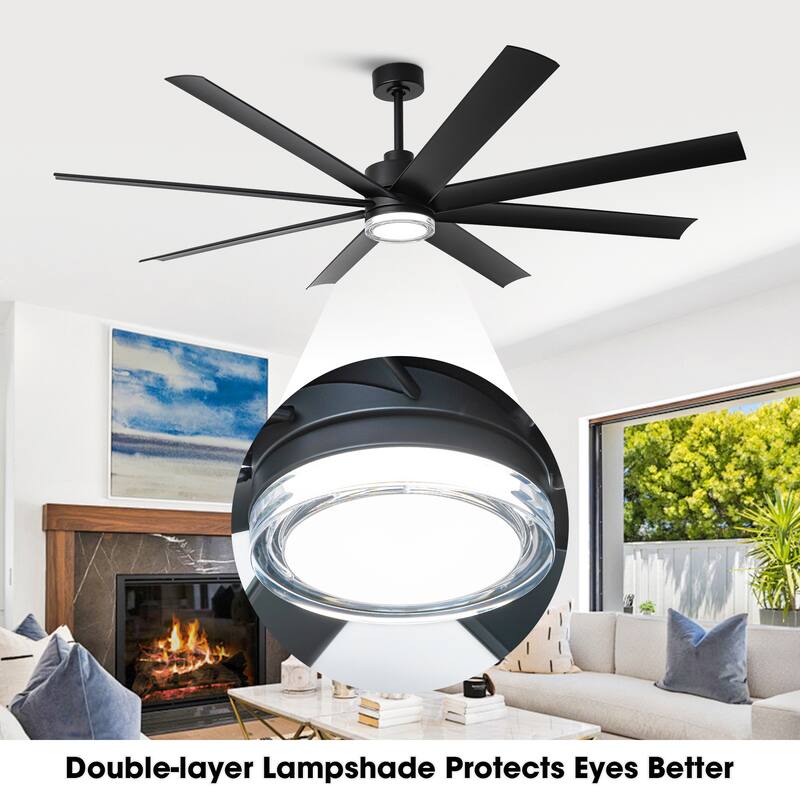 72" Modern Black Large Smart Ceiling Fan with Light and Remote, App Control, Voice Control