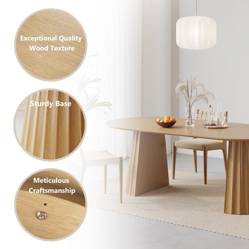 Modern Oval Wooden Dining Table - 79" Large Size, Sturdy Fluted Base, Natural Oak Finish for Dining Room