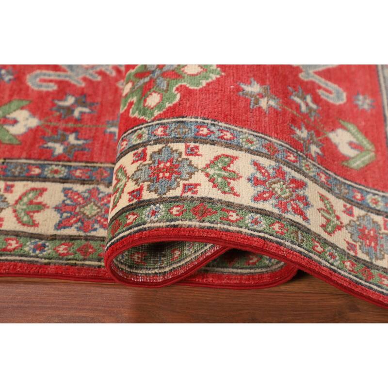 Geometric Orange Kazak Rug Hand-Knotted Wool Carpet - 3'4" x 5'0"