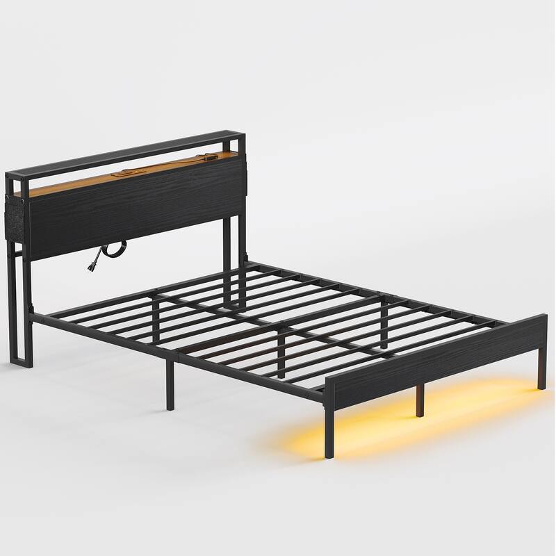 Metal Bed Frame Platform Bed with Storage Headboard LED Lights and Charging Station - Black - Full
