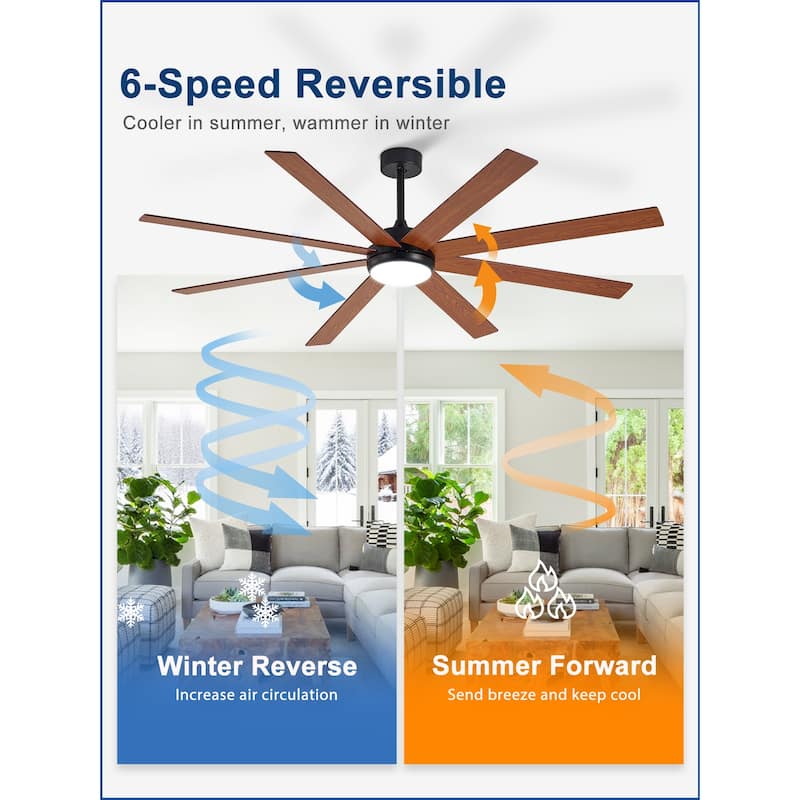 Large Ceiling Fan with Light - 8-Blade, Remote App Control, Dimmable 3CCT, Quiet DC Motor​, 66/72 Inches
