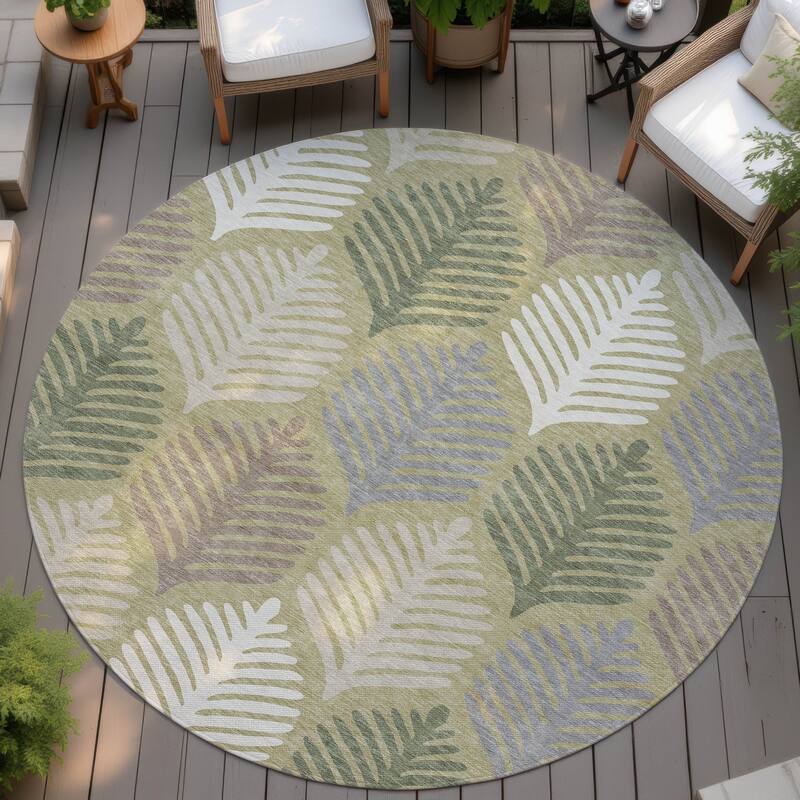 Machine Washable Indoor/ Outdoor Modern Fern Chantille Rug - Aloe - 8' x 8'