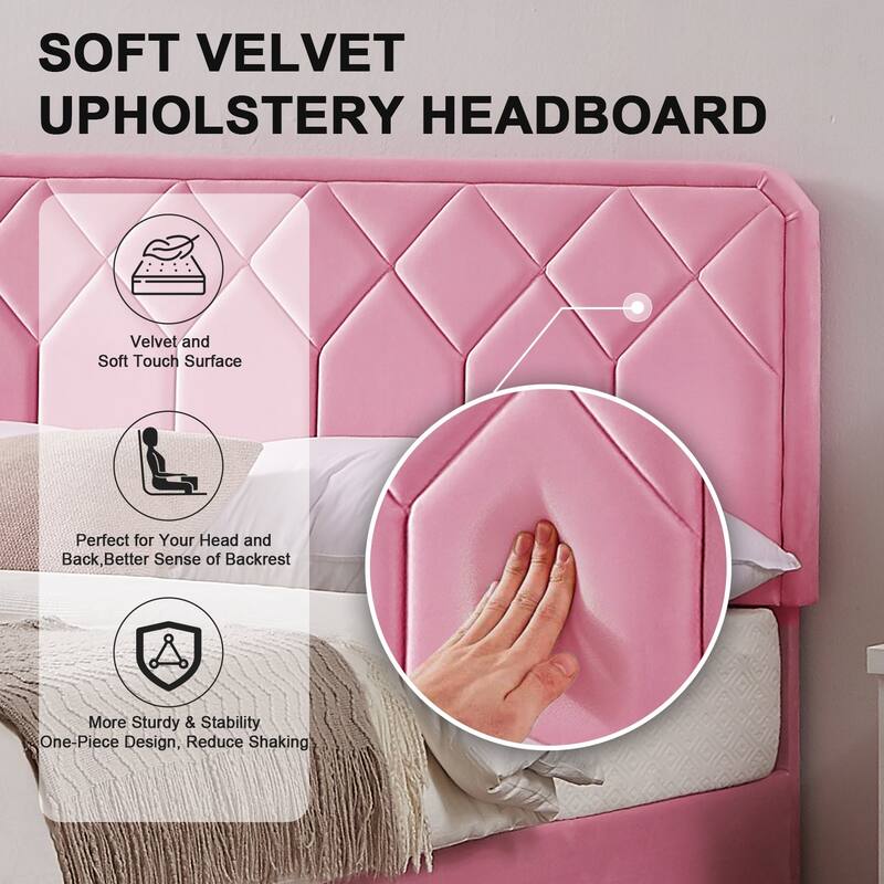 VECELO Adjustable Height Velvet Upholstered Bed Diamond Tufted Headboard with 7.8" Underbed Storage No Box Spring Needed