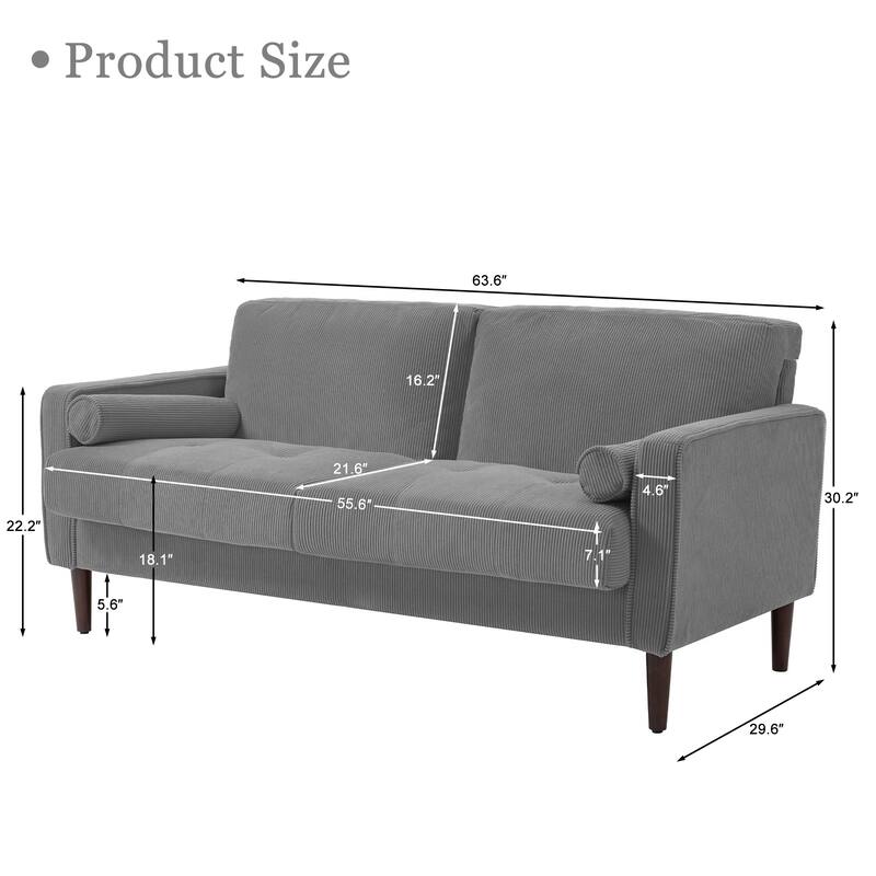 Modern Corduroy 2 Seater Sofa with Bolster Pillows