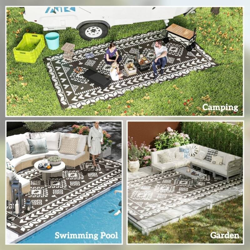 Reversible Outdoor Rug Rhombus Patchwork, UV-Protected, Foldable & Portable Polypropylene Mat - 215.7" L x 107.9" W